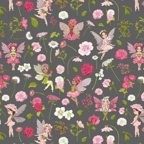 small scale pink Fairy floral grey
