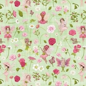 small scale pink Fairy floral green linen