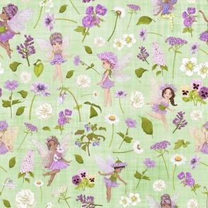 purple Fairy floral green linen