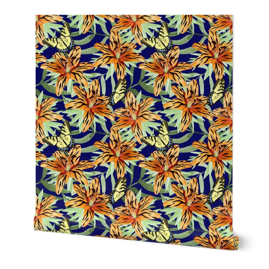 Large Tiger Lilies in the Garden on Dark Blue