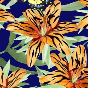Large Tiger Lilies in the Garden on Dark Blue