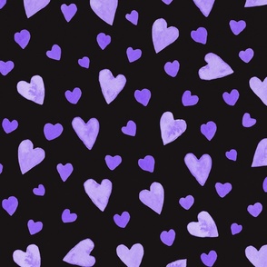 Purple Watercolor Hearts on Black Backround - Large Scale