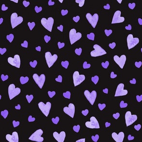 Purple Watercolor Hearts on Black Background - Medium Scale