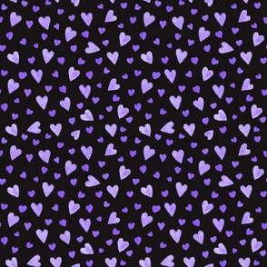 Purple Watercolor Hearts on Black Background - Small Scale