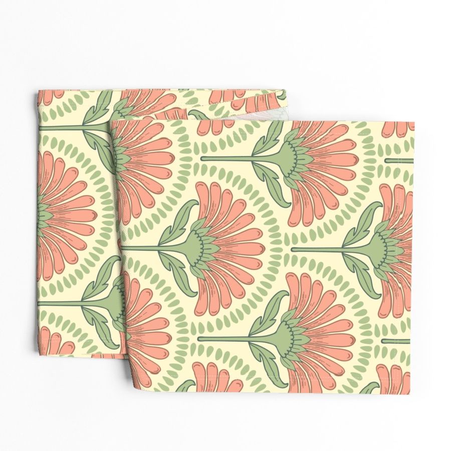 Art Deco scallop repeat design with flower in coral pink, green and yellow 