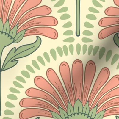 Art Deco scallop repeat design with flower in coral pink, green and yellow 