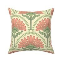 Art Deco scallop repeat design with flower in coral pink, green and yellow 