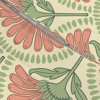 Art Deco scallop repeat design with flower in coral pink, green and yellow 