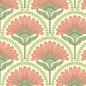 Art Deco scallop repeat design with flower in coral pink, green and yellow 