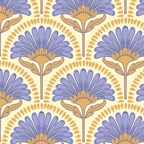Art Deco scallop with flower repeat pattern in very pery blue, gold and yellow