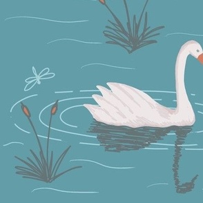 291 - Graceful gentle swans swimming among reeds in the pond - teal green background, large scale for wallpaper, bed linen and more.