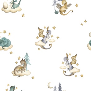 Little Dragons Watercolor Baby Pattern - White