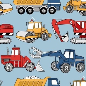 Small Scale / Construction Trucks / Light Blue Background