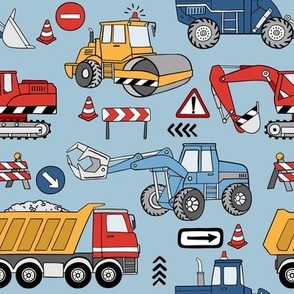 Small Scale / Construction Trucks / Light Blue Background