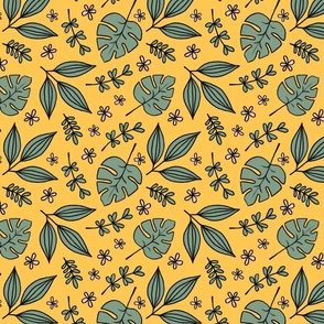 Floral tropical leaves doodle on a yellow
