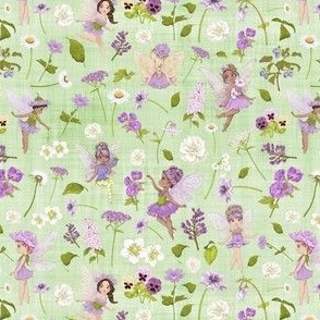 small scale purple Fairy floral green linen