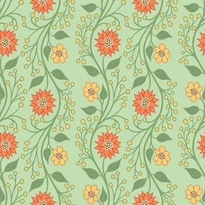 Floral Orange and Yellow on Green