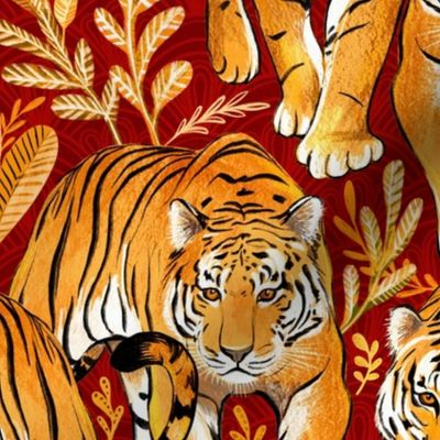 The Hunt - Golden Orange Tigers on Crimson Red