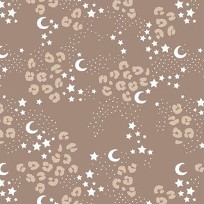 Boho universe and leopard spots animal print stars and moon night design beige latte brown white 