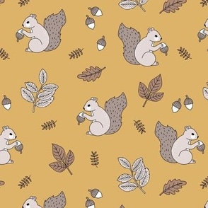 Little squirrel woodland animals and leaves acorns and forest leaf kids design beige brown on ochre yellow