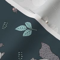 Little squirrel woodland animals and leaves acorns and forest leaf kids design gray mint blue on emerald green