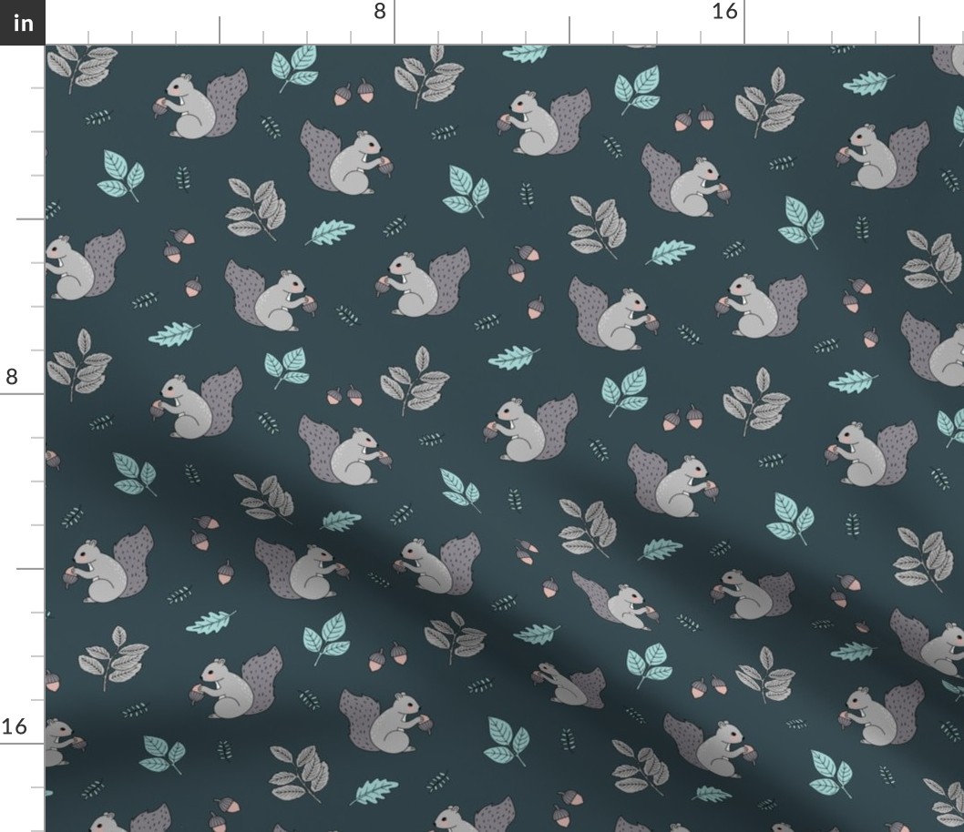 Little squirrel woodland animals and leaves acorns and forest leaf kids design gray mint blue on emerald green