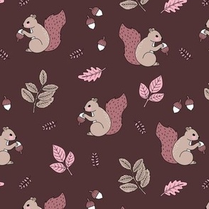 Little squirrel woodland animals and leaves acorns and forest leaf kids design beige pink burgundy wine red 