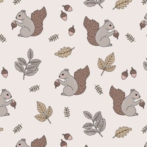 Little squirrel woodland animals and leaves acorns and forest leaf kids design soft brown beige sand neutral earthy tones 