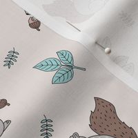 Little squirrel woodland animals and leaves acorns and forest leaf kids design soft brown beige mint green on sand 