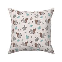 Little squirrel woodland animals and leaves acorns and forest leaf kids design soft brown beige mint green on sand 