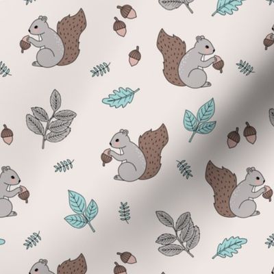 Little squirrel woodland animals and leaves acorns and forest leaf kids design soft brown beige mint green on sand 