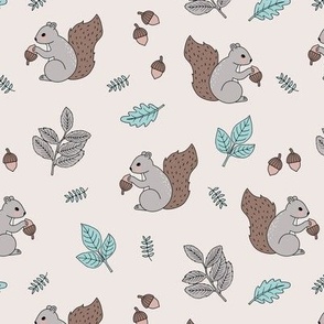 Little squirrel woodland animals and leaves acorns and forest leaf kids design soft brown beige mint green on sand 