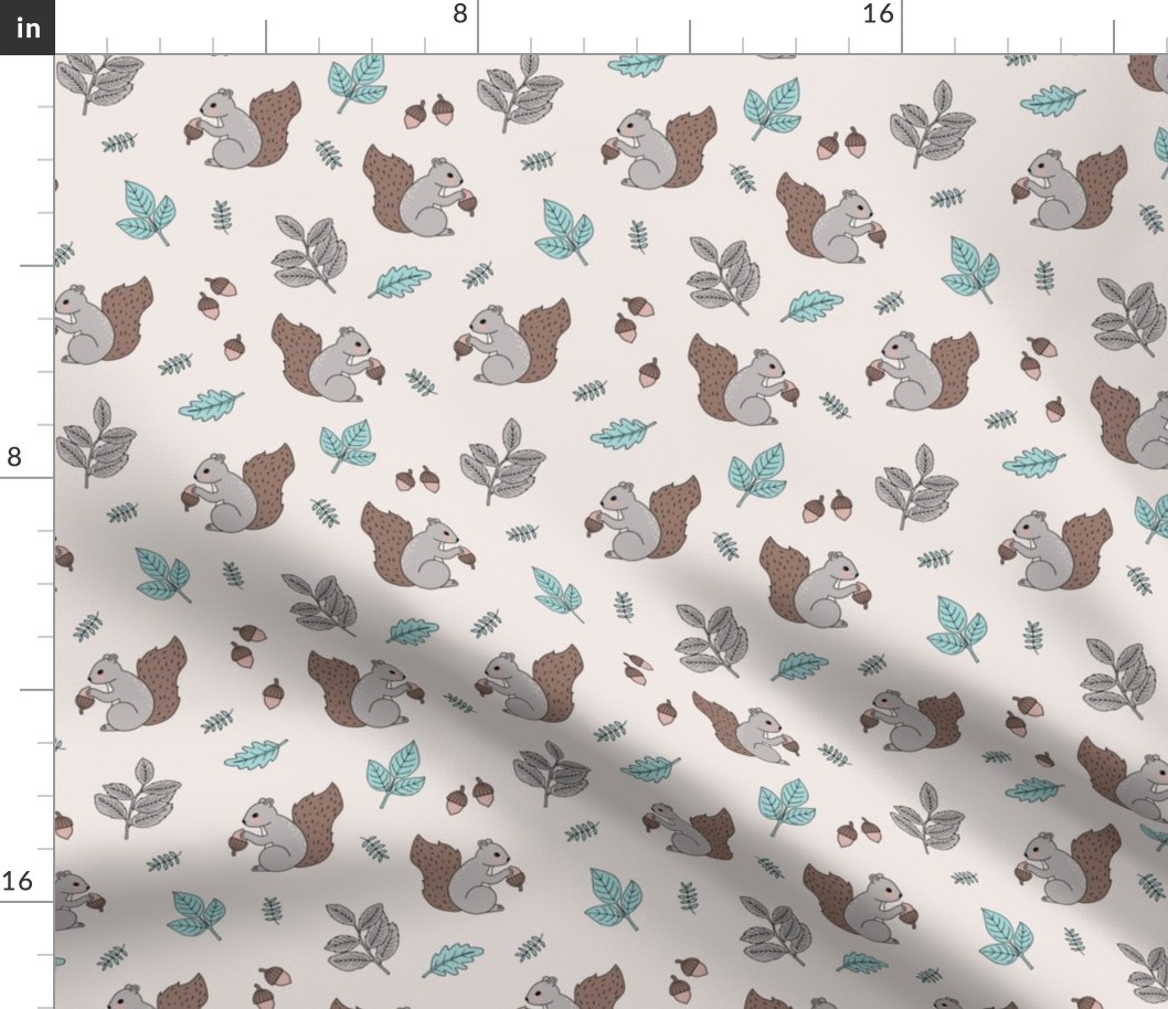 Little squirrel woodland animals and leaves acorns and forest leaf kids design soft brown beige mint green on sand 