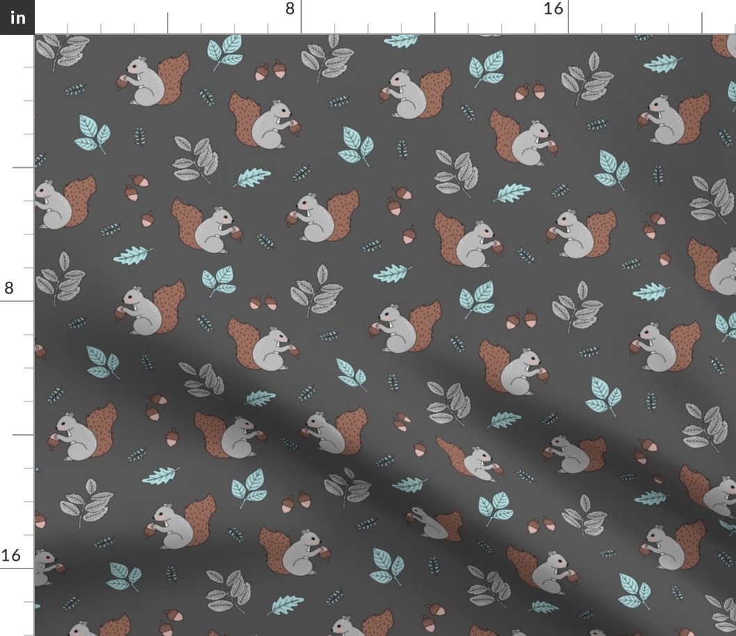 Little squirrel woodland animals and leaves acorns and forest leaf kids design soft blue gray on charcoal boys 