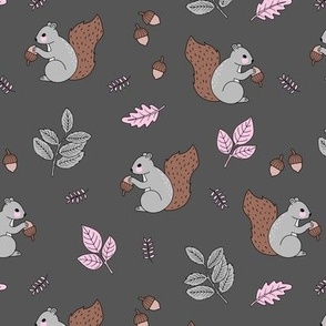 Little squirrel woodland animals and leaves acorns and forest leaf kids design soft pink gray on charcoal girls 