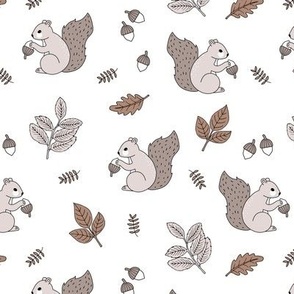 Little squirrel woodland animals and leaves acorns and forest leaf kids design earthy tones beige brown on white 