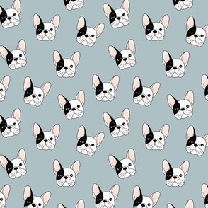 Cute little freehand frenchie dogs adorable bulldog face illustration  kids design black and white on moody blue gray sky 