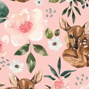 Vintage Spring Baby Deer Floral on Pink 24 inch