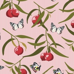 Large Australian Bush Tucker Quandong and Butterflies with Pink Pink Stripe Background