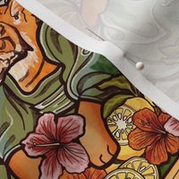 Tigers Eating Yuzu Hibiscus and Moringa Art Nouveau Medlarge