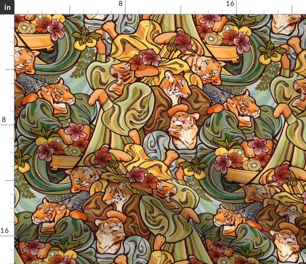 Tigers Eating Yuzu Hibiscus and Moringa Art Nouveau Medlarge