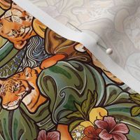 Tigers Eating Yuzu Hibiscus and Moringa Art Nouveau Small