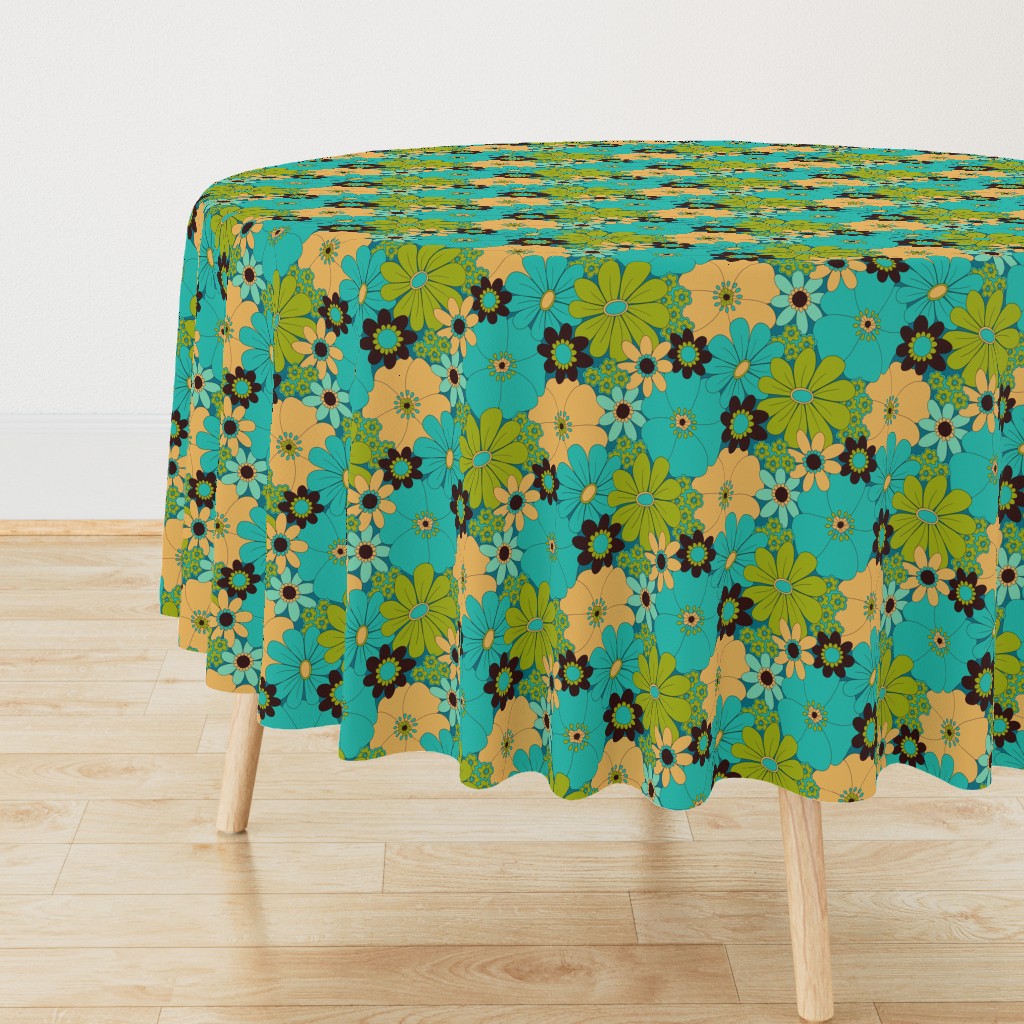 Retro Green & Turquoise Floral Half-Drop Pattern