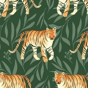 Watercolor tiger / small / orange tiger with leaves on dark green