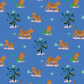 Tiger Cubs with Grasshoppers on blue