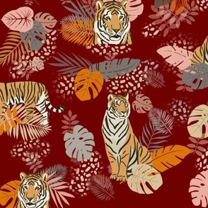 Red Tiger in the jungle with tropical leaves