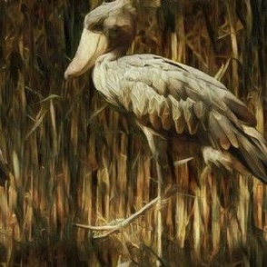 mysterious shoebill in a thicket of reeds