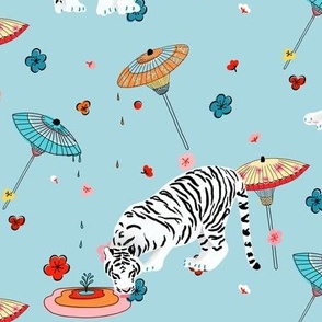 rainy day white tigers on turquoise 2022