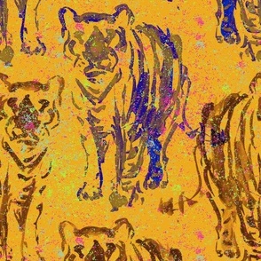 Watercolor Tigers on Golden Orange with color splashes Large scale