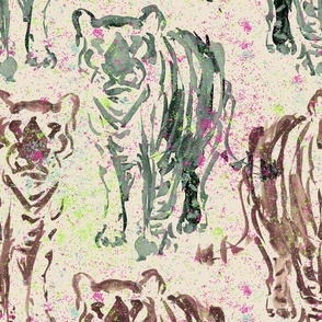 Watercolor Tigers on Cream Green with color splashes Medium scale